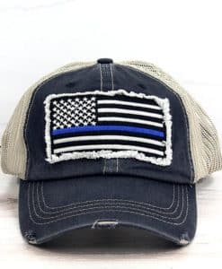 Distressed Black Thin Blue Line Flag Mesh Adjustable Hat