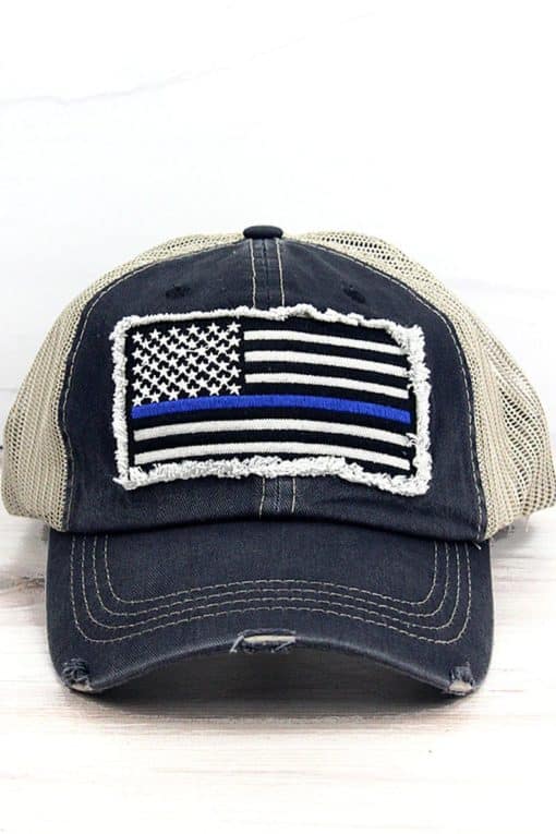 Distressed Black Thin Blue Line Flag Mesh Adjustable Hat