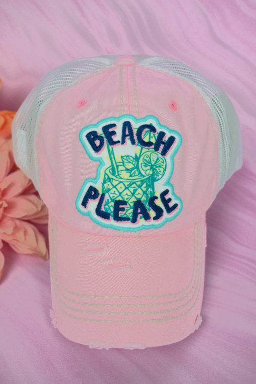 Distressed Pink Beach Please Adjustable Mesh Hat