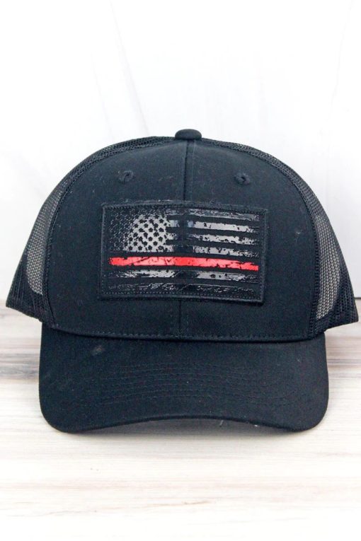 Distressed Black Thin Red Line Tactical Flag Patch Adjustable Mesh Hat