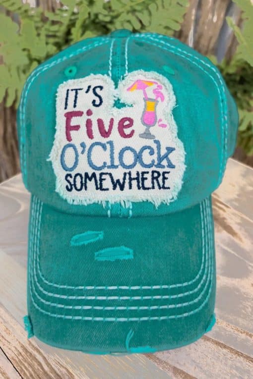 Distressed Turquoise It's Five O'Clock Somewhere Adjustable Hat