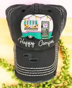 Distressed Black Happy Camper 3 Adjustable Hat