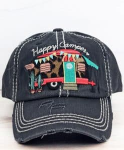 Distressed Black with Leopard Happy Camper Adjustable Hat