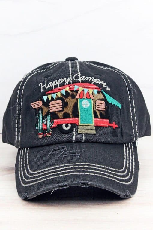 Distressed Black with Leopard Happy Camper Adjustable Hat