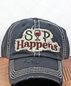 Distressed Black Sip Happens Adjustable Hat