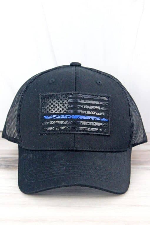 Distressed Black Thin Blue Line Tactical Flag Patch Adjustable Mesh Hat