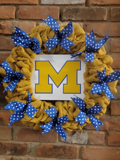 University of Michigan Wolverines Yellow with Blue M 16" Burlap Wreath Door Decor