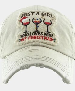 Distressed Khaki Just A Girl Who Loves Wine At Christmas Adjustable Hat